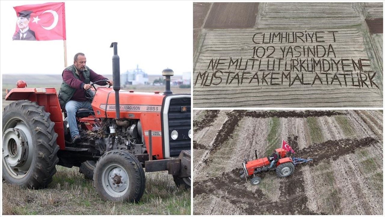Kırklarelili çiftçi tarlasına pullukla 'Cumhuriyet 102 yaşında' yazdı