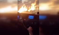 Hatay'da itfaiye aracının orman yangınında alevler arasında kalması cep telefonu kamerasında