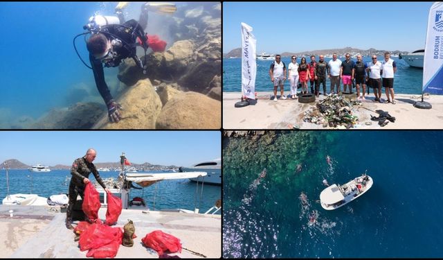 Bodrum'da gönüllü dalgıçlar deniz dibinden 161 kilogram atık çıkardı