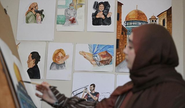 Düzceli üniversite öğrencisi, Filistinlilerin acılarını ve umutlarını tuvaline taşıyor