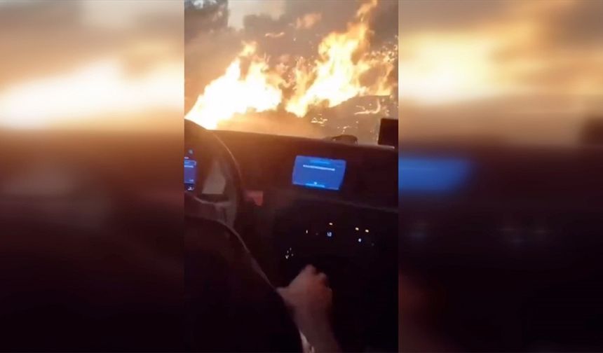 Hatay'da itfaiye aracının orman yangınında alevler arasında kalması cep telefonu kamerasında