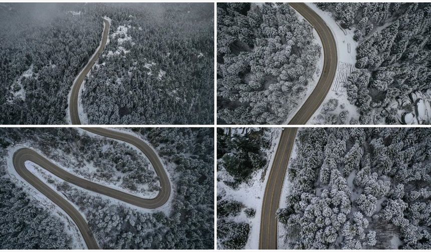 Uludağ'ın beyaza bürünen kıvrımlı yolları havadan görüntülendi